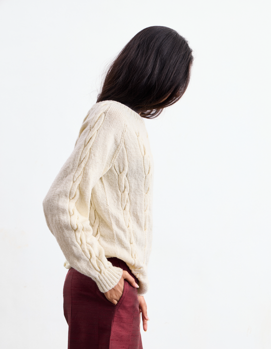 White Cashmere Hand Knit Cable Sweater