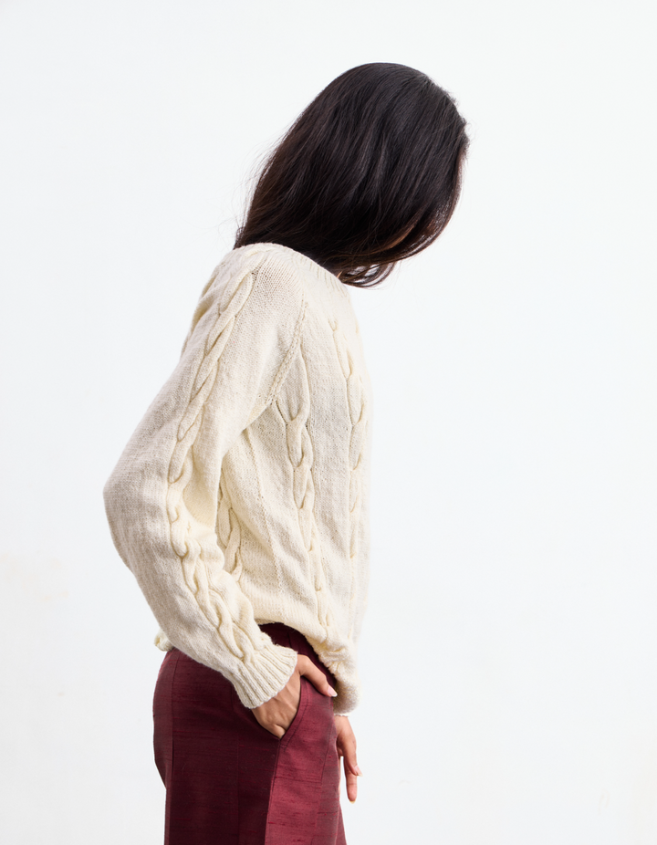 White Cashmere Hand Knit Cable Sweater