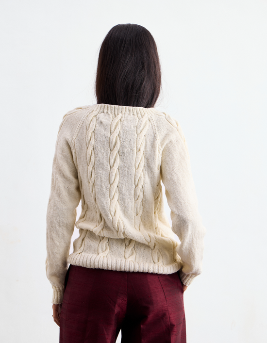 White Cashmere Hand Knit Cable Sweater