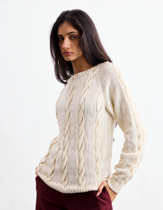 White Cashmere Hand Knit Cable Sweater