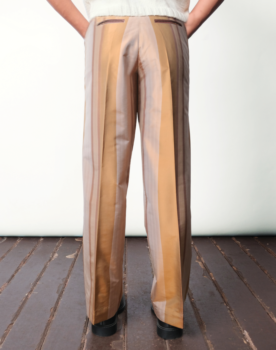 Handloom silk Auric Stripe Trousers by Taarini Anand, lined and hand-finished