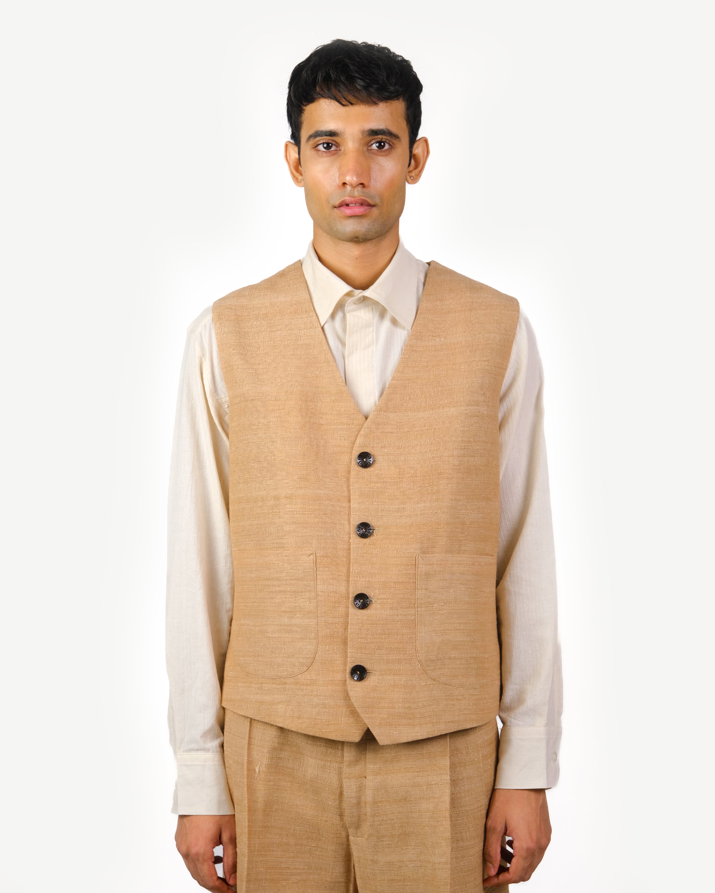 Beige Khadi Silk Vest with Wooden Buttons – taarinianand