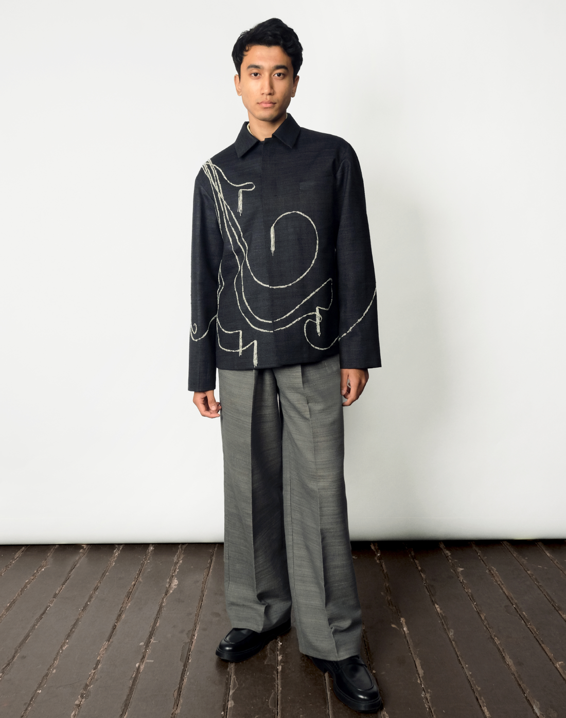 black Handloom khadi silk jacket with pale green tasselled beadwork - boxy fit, concealed front, crafted in India