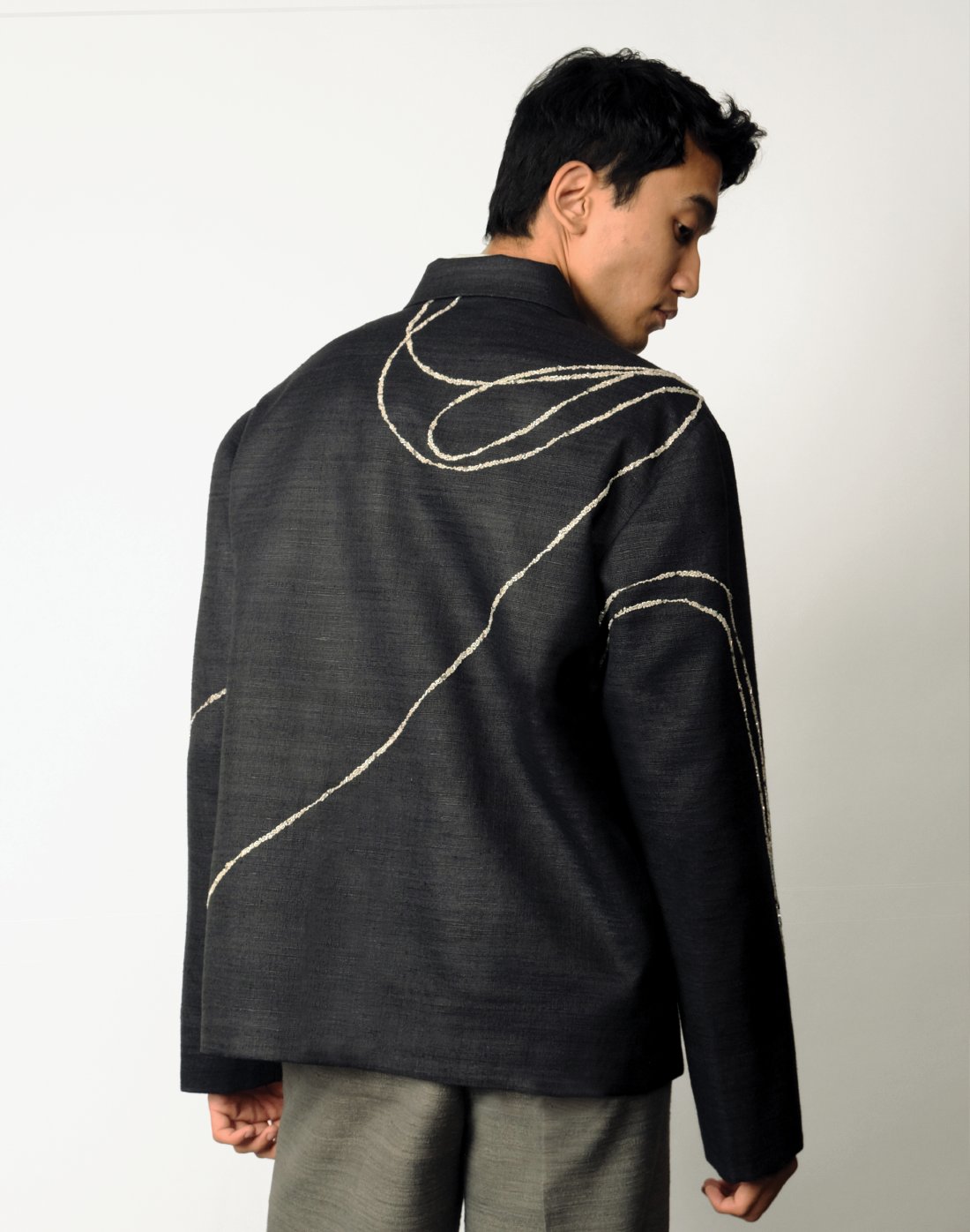 black Handloom khadi silk jacket with pale green tasselled beadwork - boxy fit, concealed front, crafted in India back