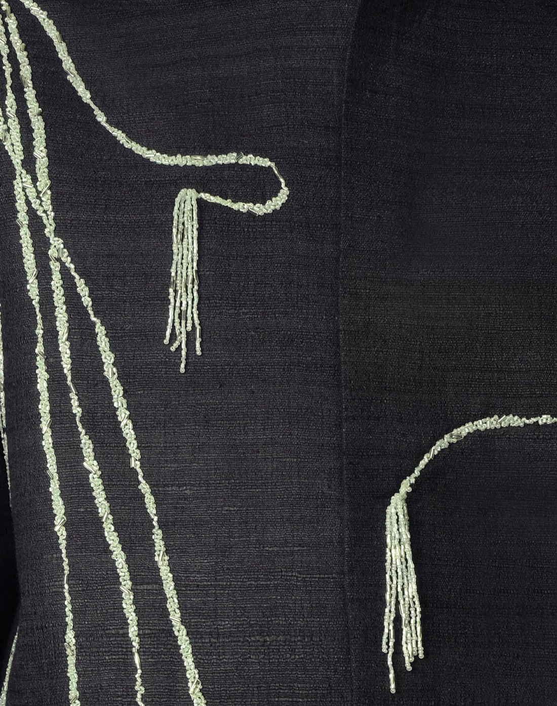 black Handloom khadi silk jacket with pale green tasselled beadwork - boxy fit, concealed front, crafted in India embroidery