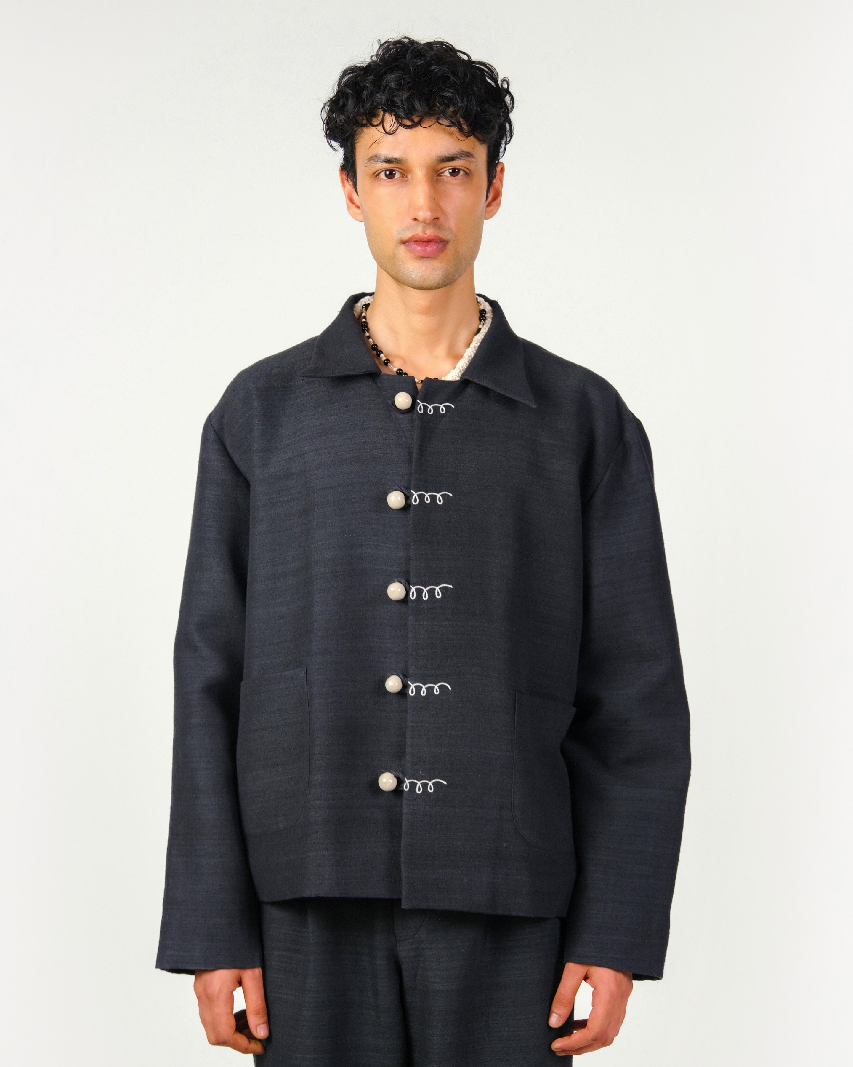 Dark Grey Khadi Silk Jacket with White Embroidery – taarinianand