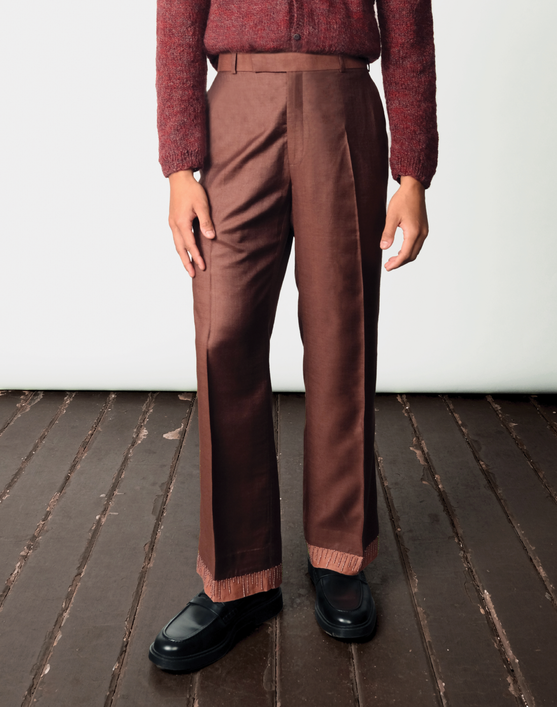 Handloom tussar-cotton Chimera trousers with embroidery by Taarini Anand