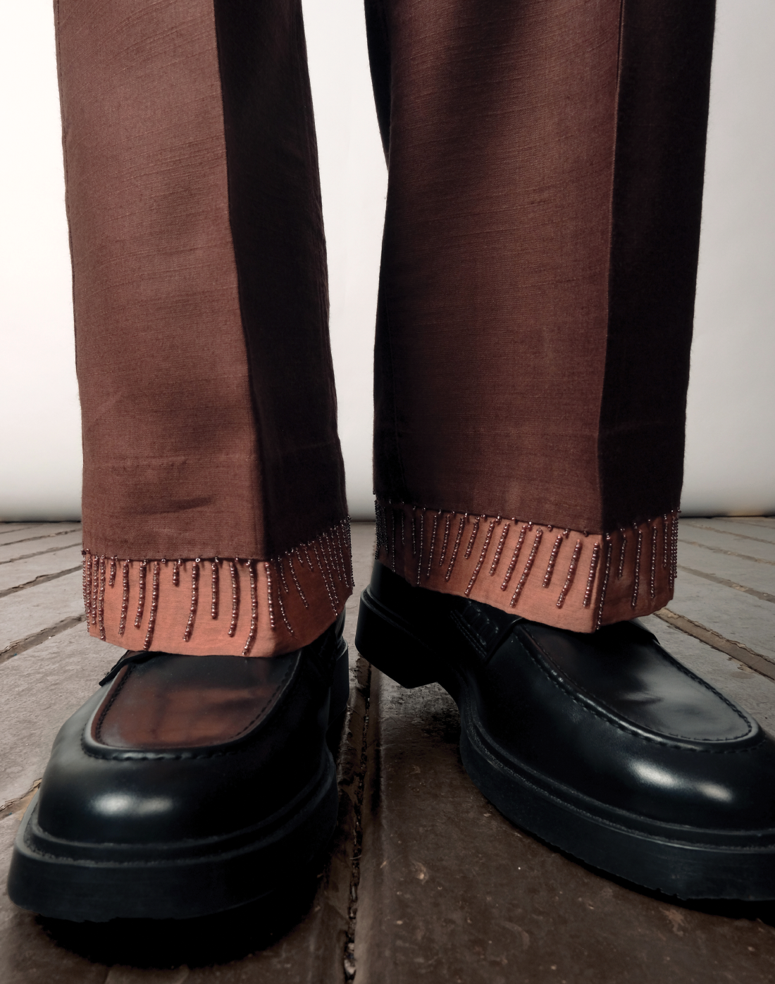 Handloom tussar-cotton Chimera trousers with embroidery by Taarini Anand