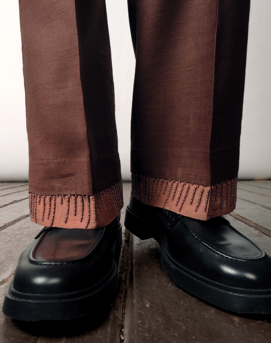 Handloom tussar-cotton Chimera trousers with embroidery by Taarini Anand
