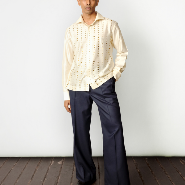 White Silk Dress Shirt with Golden Beading taarinianand White Silk Dress Shirt with Golden Beading taarinianand