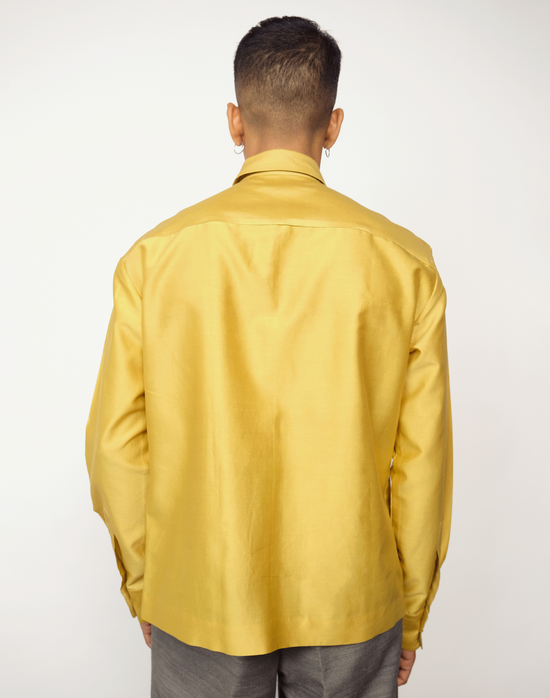 Taarini Anand Dilli Silk Shirt in mustard handloom silk with pintucks, kantha stitches and black glass bead embroidery