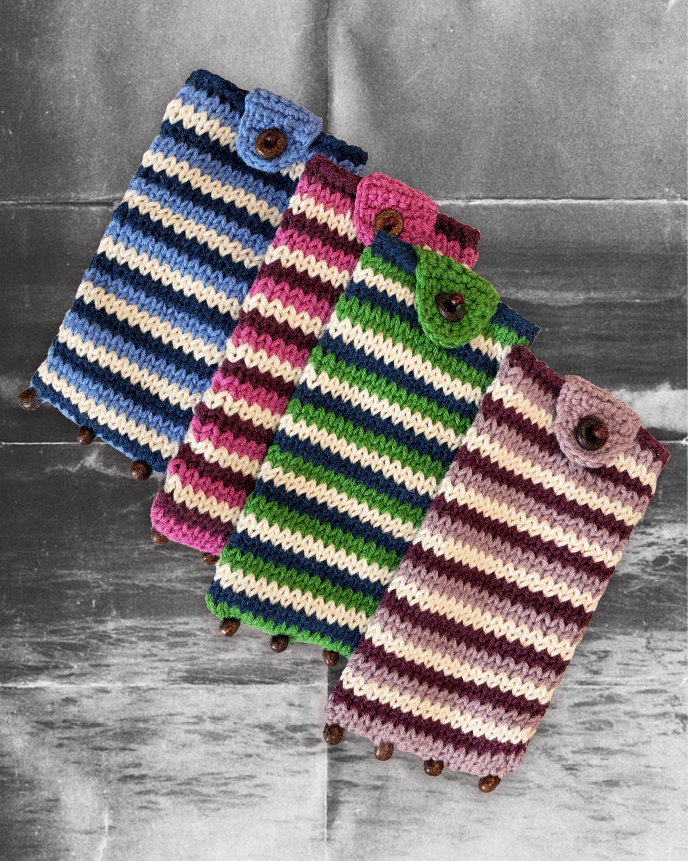 Hand-knitted Eye Candy Pouches in cotton with wooden beads by Taarini Anand
