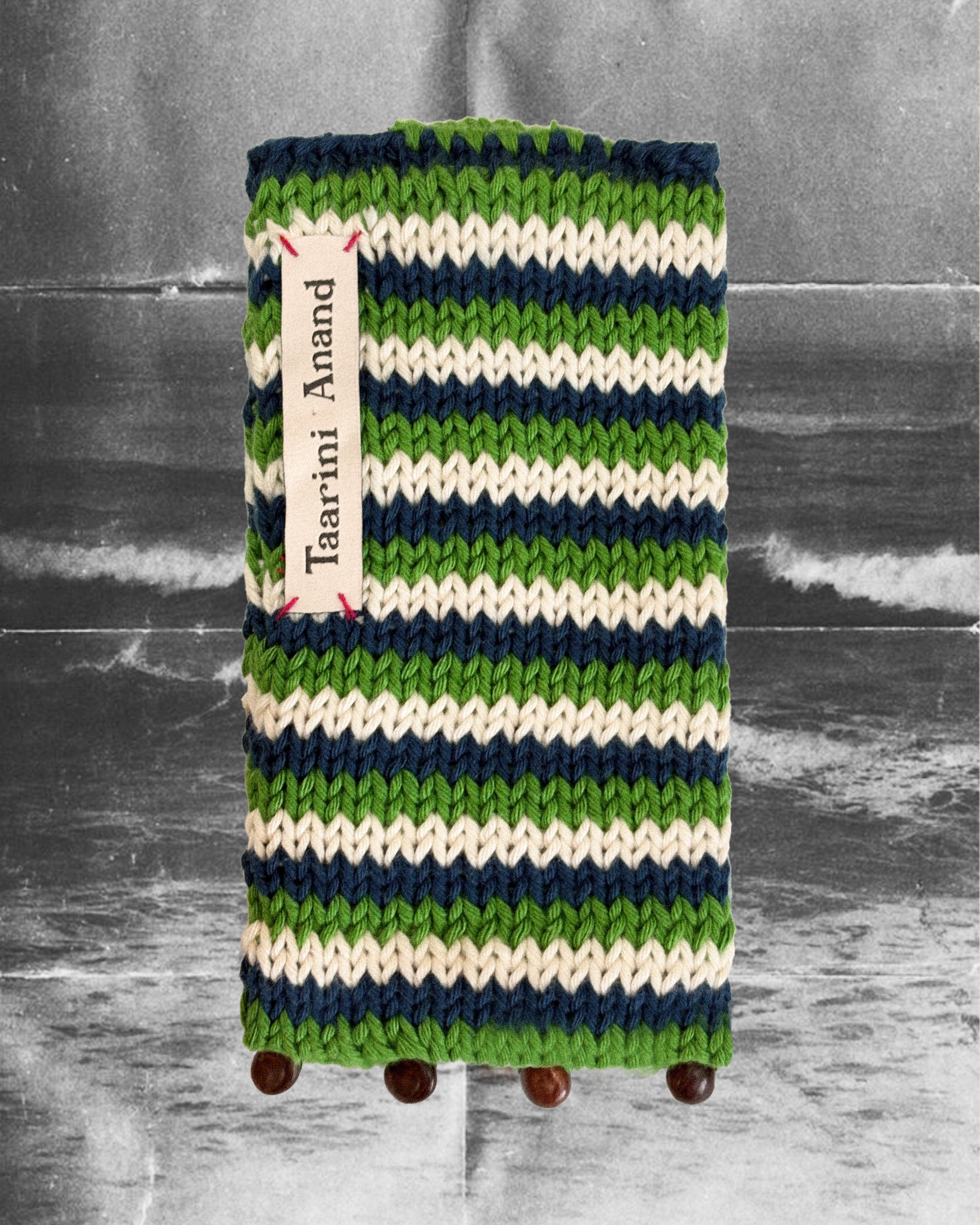 Hand-knitted Eye Candy Pouches back in cotton with wooden beads by Taarini Anand