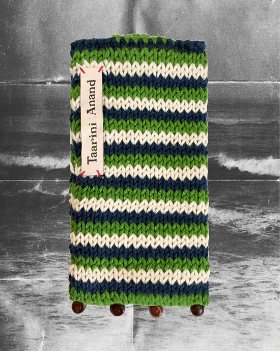 Hand-knitted Eye Candy Pouches back in cotton with wooden beads by Taarini Anand