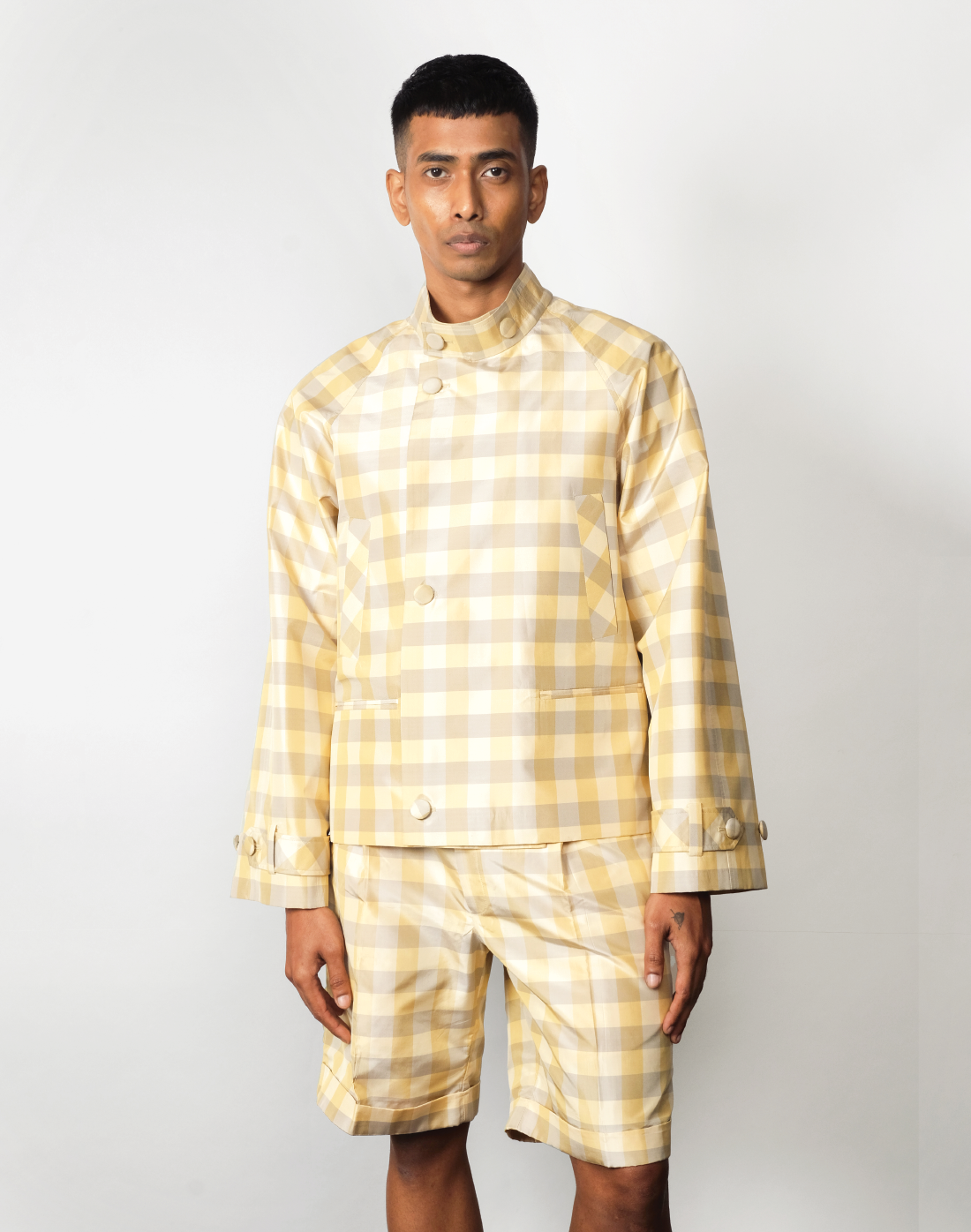 Macro gingham silk taffeta jacket in green and yellow with raglan cut and cropped silhouette by Taarini Anand