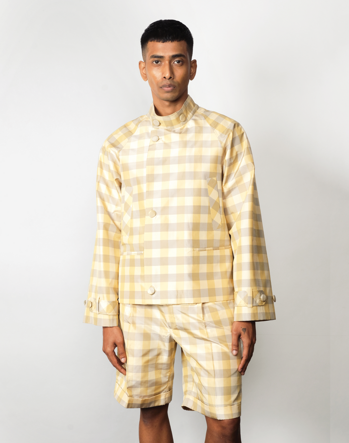 Macro gingham silk taffeta jacket in green and yellow with raglan cut and cropped silhouette by Taarini Anand