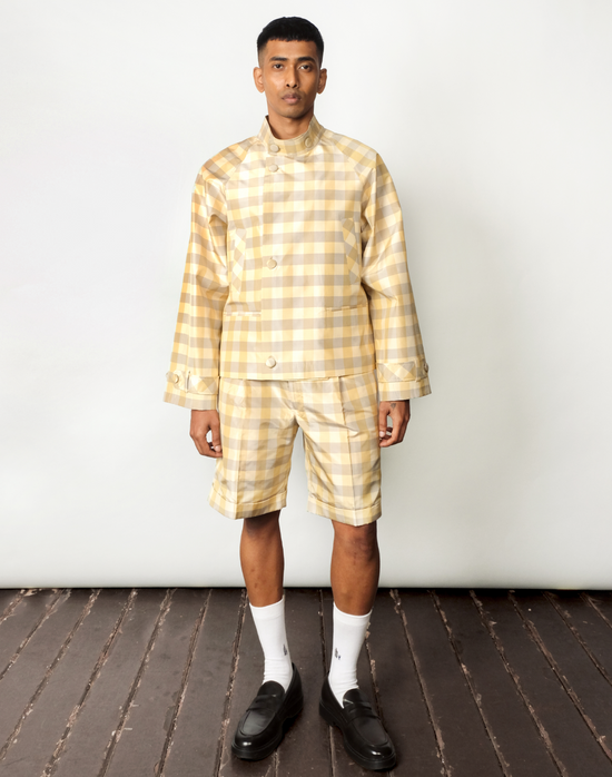 Macro gingham silk taffeta jacket and shorts in green and yellow by Taarini Anand