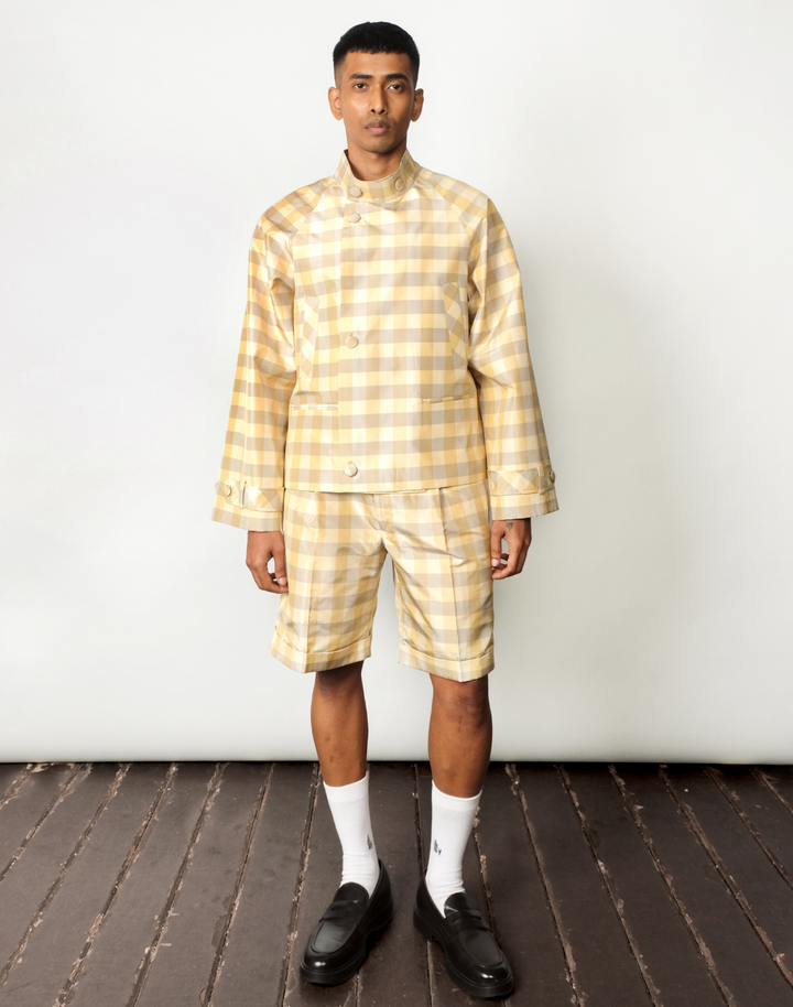 Macro gingham silk taffeta jacket and shorts in green and yellow by Taarini Anand