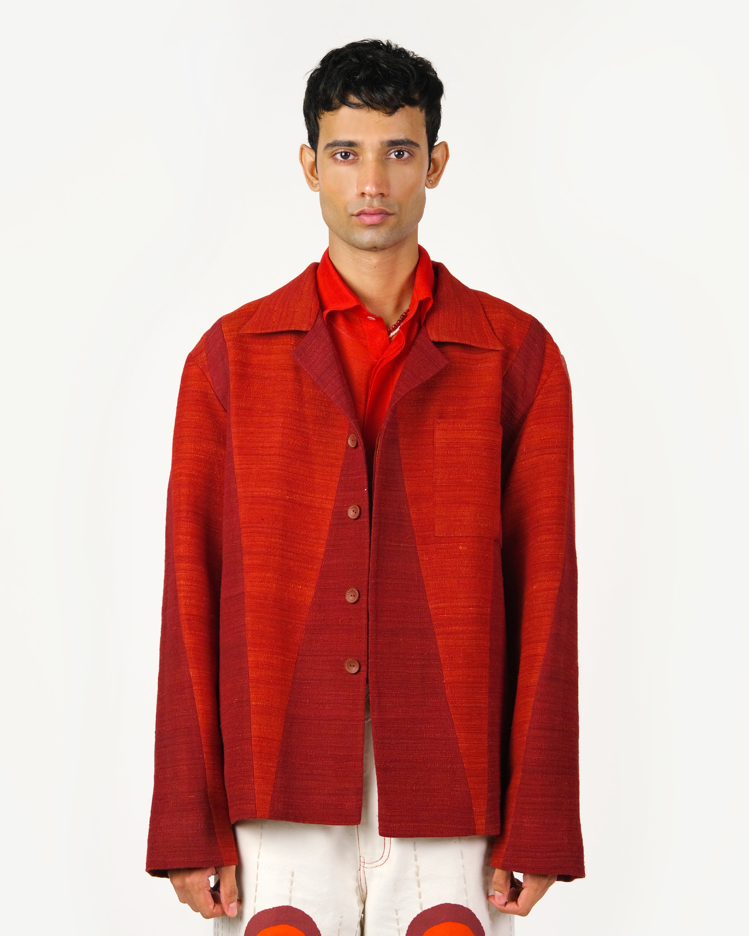 Red Khadi Silk Jacket with Triangular Panel Design – taarinianand