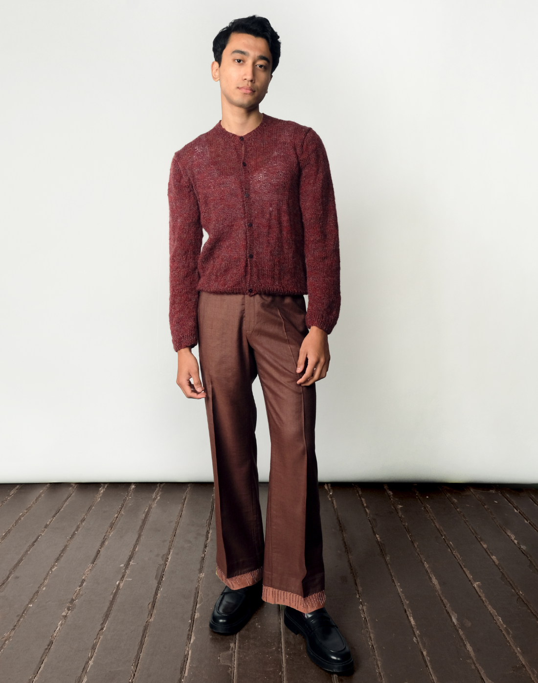 Taarini Anand hand-knitted Mulberry Cardigan styled with embroidered Chimera Trousers