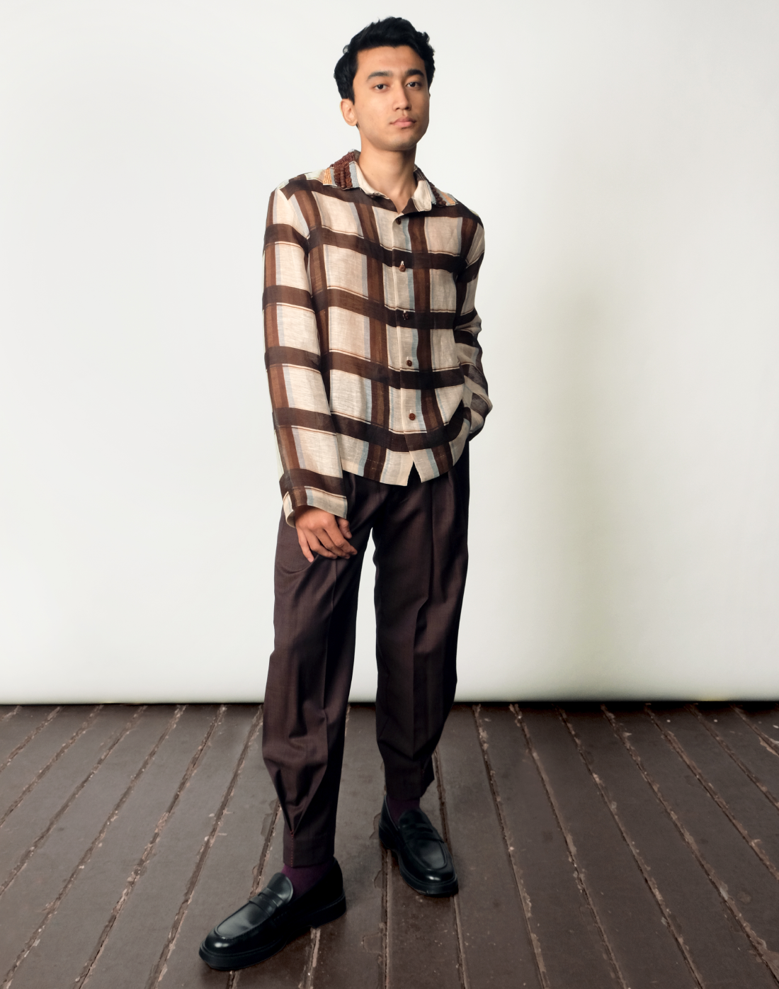Taarini Anand Wood Checker Shirt in handloom silk-linen with embroidered wooden-bead collar and buttons