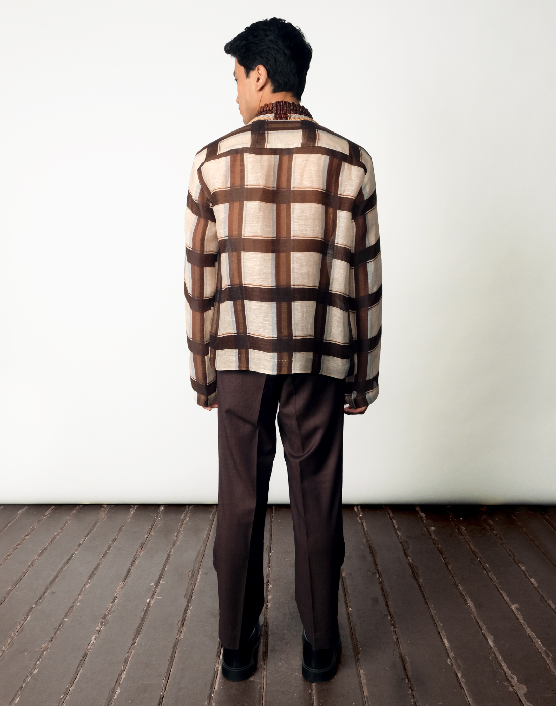 Taarini Anand Wood Checker Shirt in handloom silk-linen with embroidered wooden-bead collar and buttons